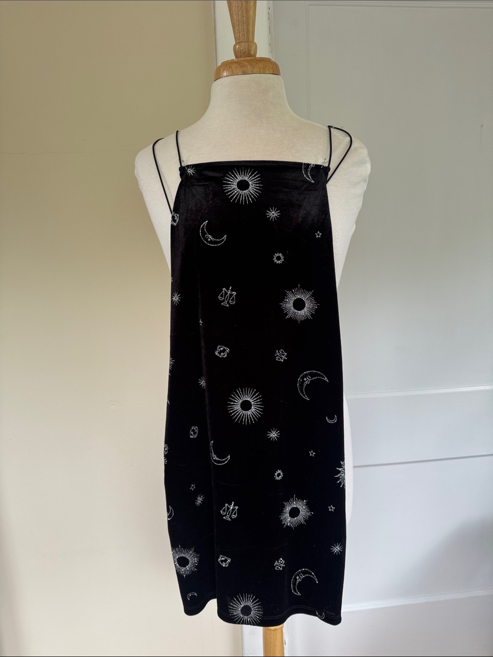 Divided Black Velvet Mini Dress with Silver Celestial Motifs